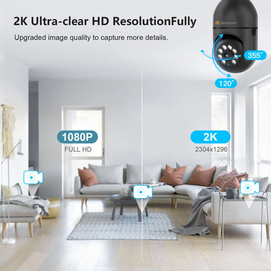 Jennov 3MP Light Bulb Security Camera 360°/2k HD Wireless Camera 2.4/5 Ghz Wi-Fi Light Socket Camera Video Home Security Monitor