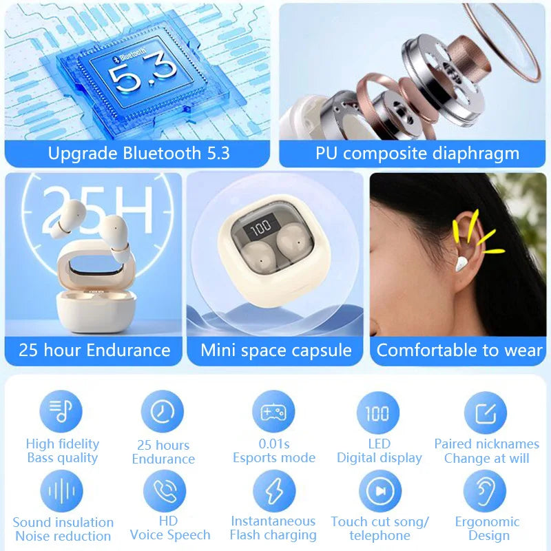 SK Small Headphones Wireless Bluetooth Headset Sport Sleeping Invisible Comfortable To Wear Bass Earbuds Earphone For All Phones