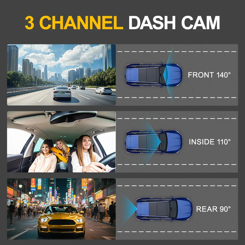 Car DVR HD1080P Dashcam 2inch IPS 3channels Car Camera Night Vision Recording Auto DVR Loop Dash Recorder Vehicle Accessories