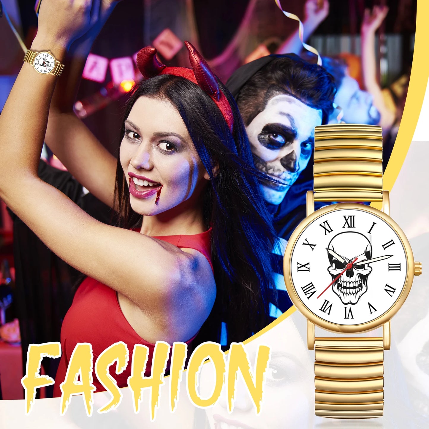 LANCARDO Halloween Skull Ultra thin analog quartz watch Roman numerals scale elastic retractable band unisex student watch