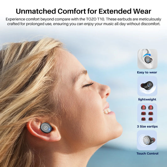 Refurbished TOZO Ergonomic Headsets TWS Earbuds AI Via APP Wireless Touch Control  IPX8 HiFi Sound Stereo for IOS Android PC