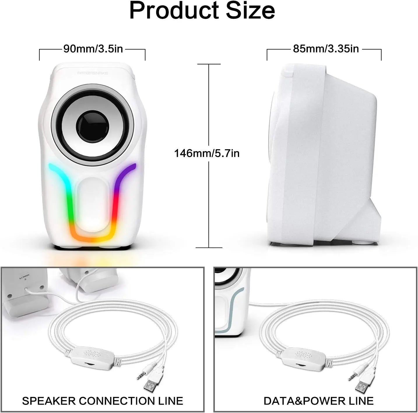 Computer Speakers, 2.0 USB Powered PC Speakers Stereo Volume Control, 6 RGB LED Backlit Effect, Wired Mini Portable Speakers