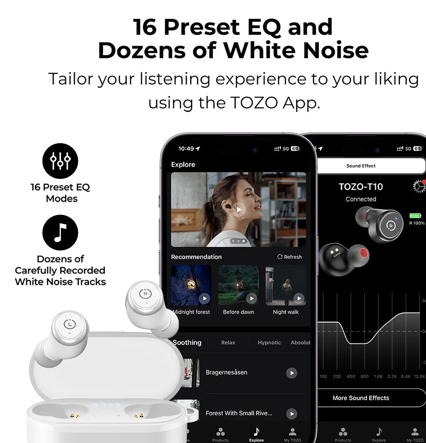 Refurbished TOZO Ergonomic Headsets TWS Earbuds AI Via APP Wireless Touch Control  IPX8 HiFi Sound Stereo for IOS Android PC