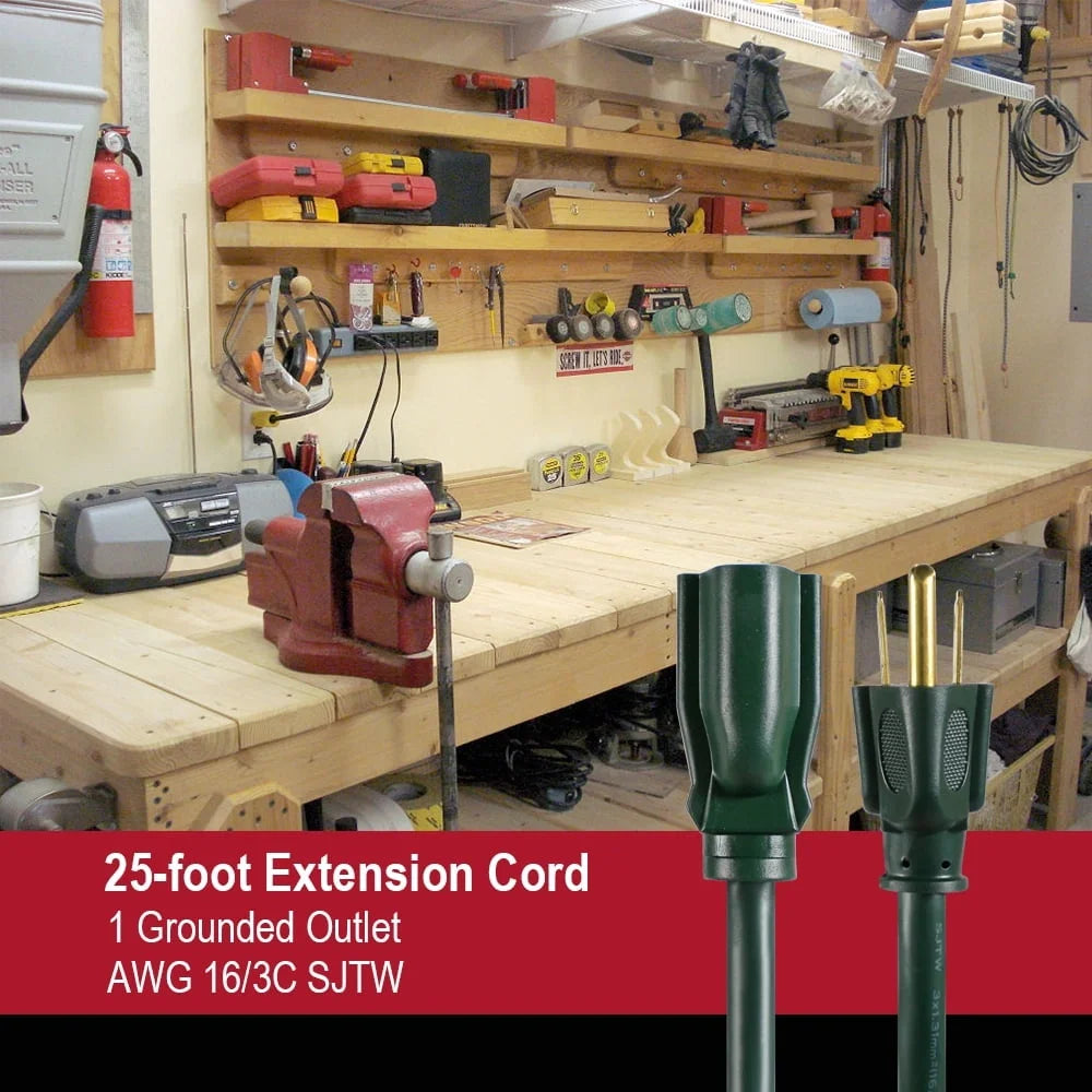 25ft Outdoor Extension Cord 16Gauge 3Prong Grounded Rated 125V 13A Light Duty Powering Equipment Events Hook Loop Strap