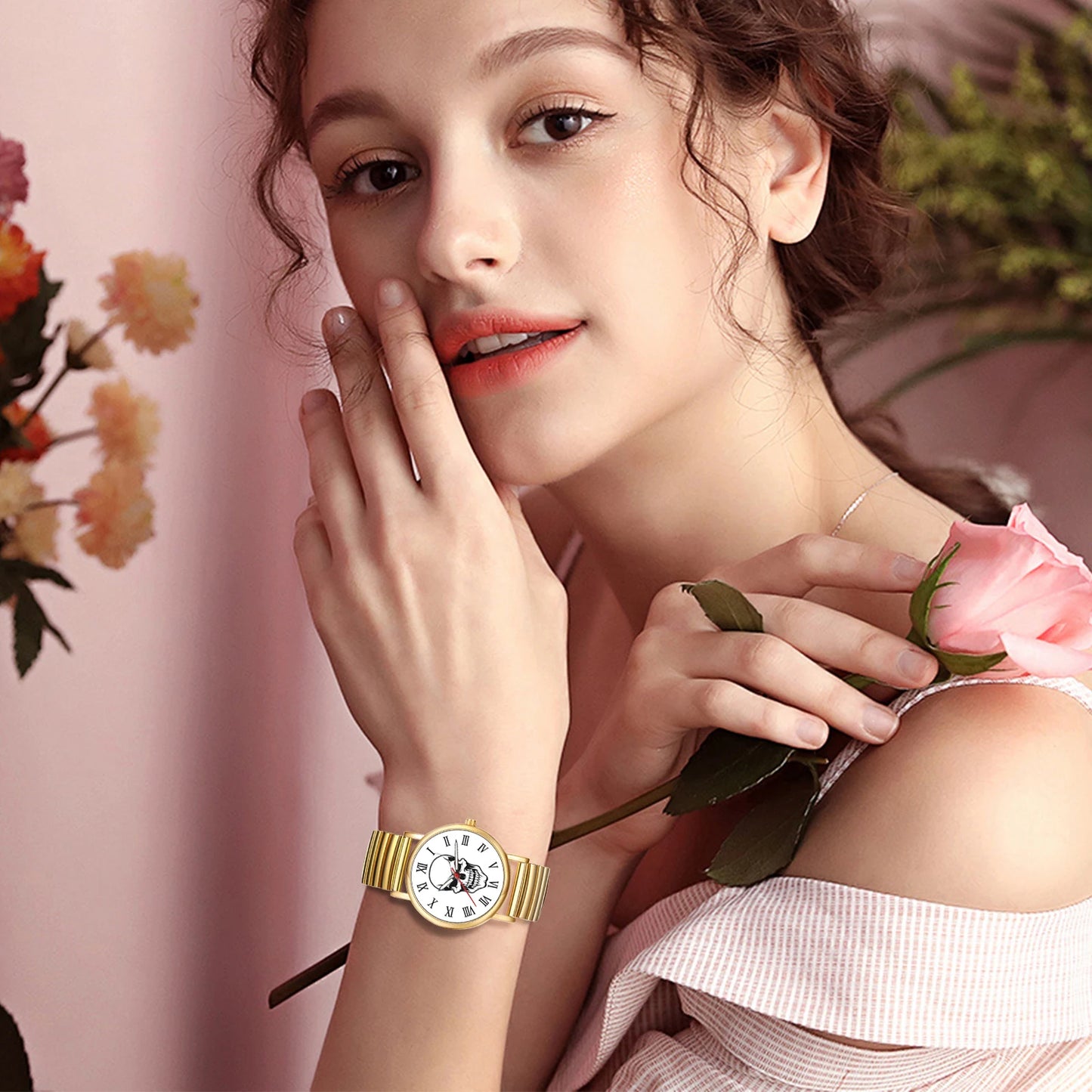 LANCARDO Halloween Skull Ultra thin analog quartz watch Roman numerals scale elastic retractable band unisex student watch