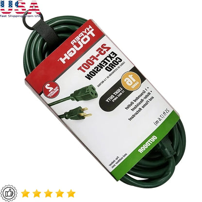 25ft Outdoor Extension Cord 16Gauge 3Prong Grounded Rated 125V 13A Light Duty Powering Equipment Events Hook Loop Strap