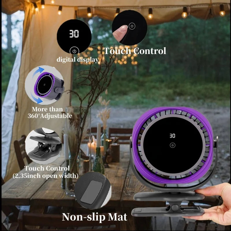 Portable Clip & Desktop Fan, Touch Screen 360° Adjustable, 3600mAh Rechargeable Strong Clamp Fan for Home/Office/Travel/Camping