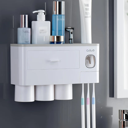 Toothbrush Holders for Bathrooms - White Plastic Wall-Mounted Toothbrush Holder with Toothpaste Dispenser, Cosmetic Drawer, and