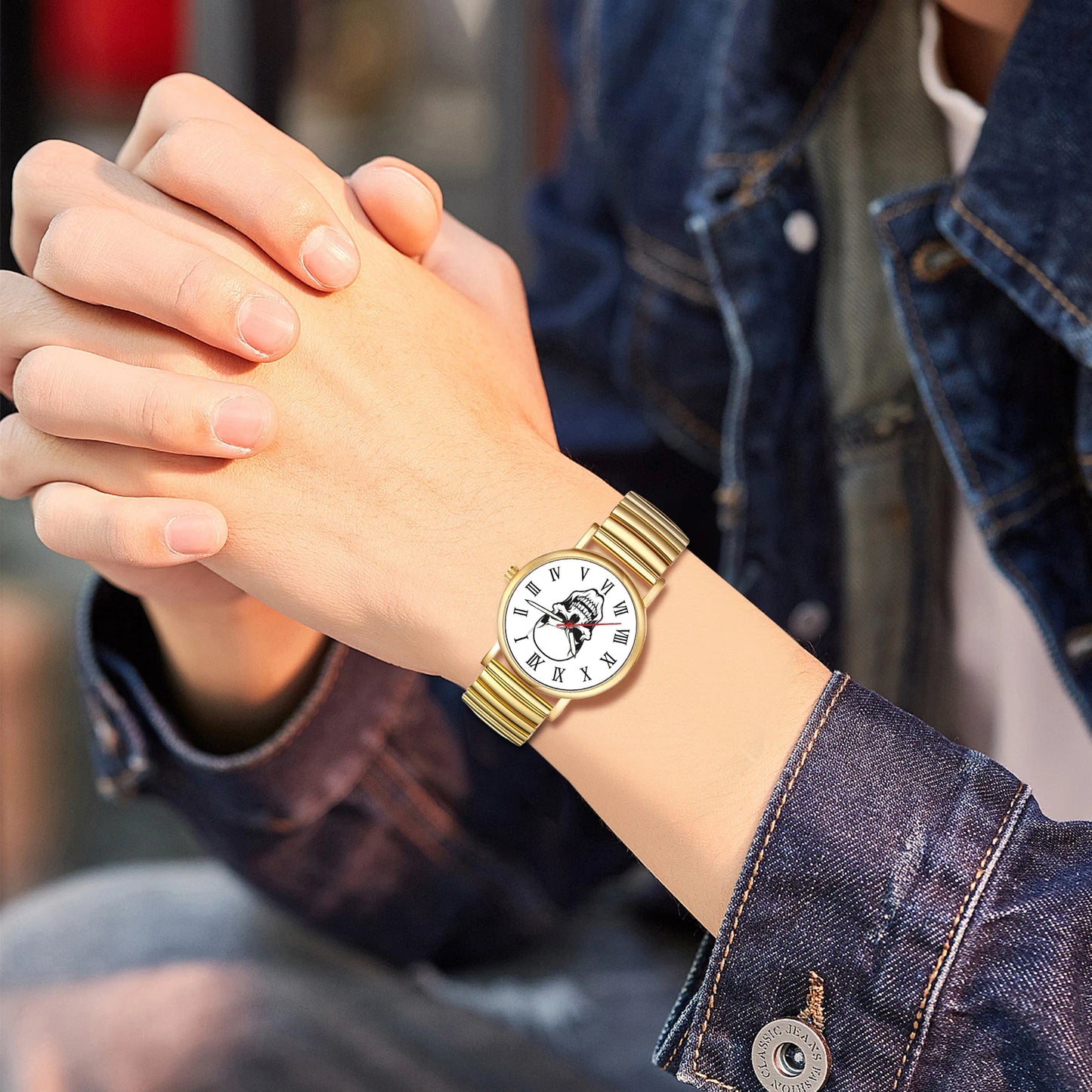 LANCARDO Halloween Skull Ultra thin analog quartz watch Roman numerals scale elastic retractable band unisex student watch