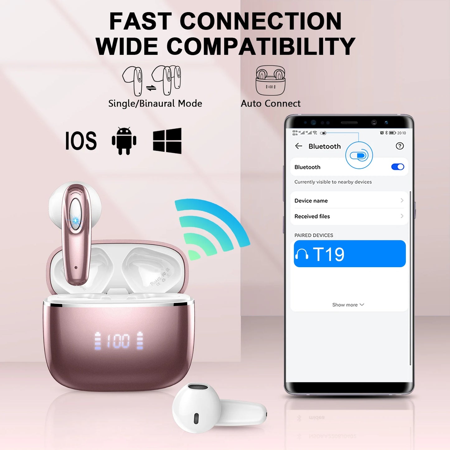 DRSAEC Wireless Earbuds, Bluetooth 5.3, 4 ENC Noise Canceling Mic, 40H LED Display Charging Case, IP7 Waterproof in-Ear Earbuds.