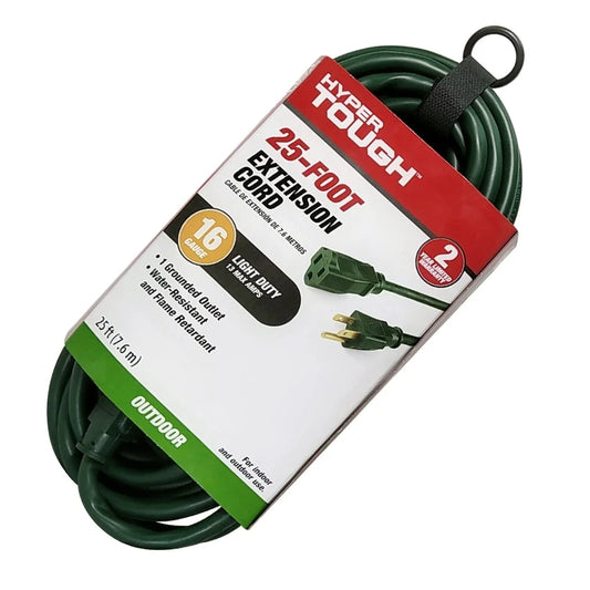 25ft Outdoor Extension Cord 16Gauge 3Prong Grounded Rated 125V 13A Light Duty Powering Equipment Events Hook Loop Strap