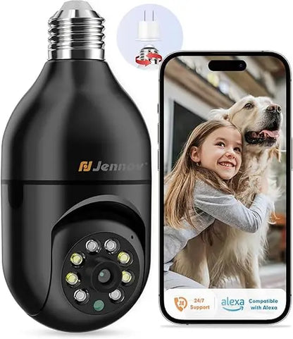 Jennov 3MP Light Bulb Security Camera 360°/2k HD Wireless Camera 2.4/5 Ghz Wi-Fi Light Socket Camera Video Home Security Monitor