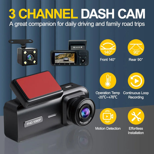 Car DVR HD1080P Dashcam 2inch IPS 3channels Car Camera Night Vision Recording Auto DVR Loop Dash Recorder Vehicle Accessories