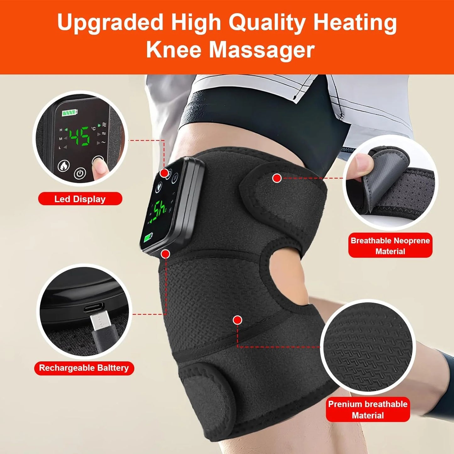 Button controlled heated vibration knee pads with 3 vibration and 3 heating settings, 4000mah, heated massage knee pads for knee
