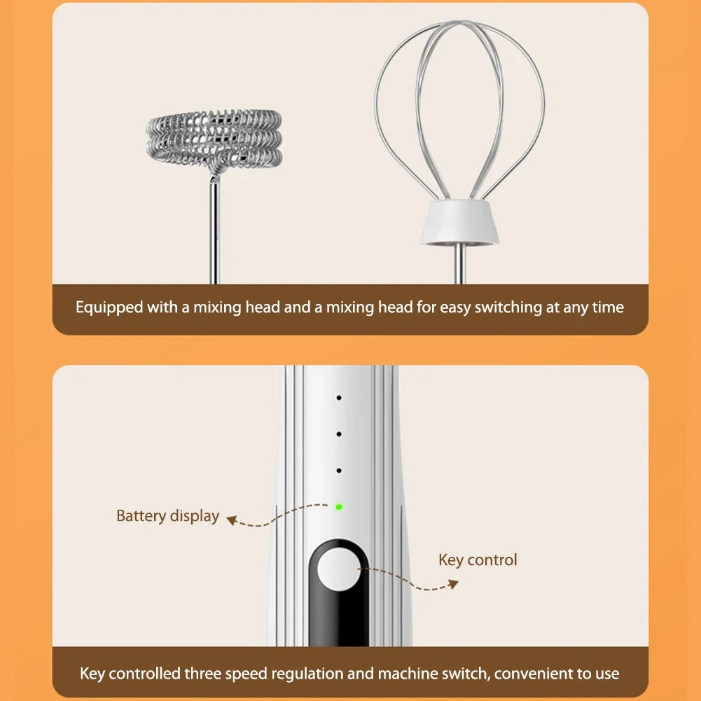 Electric Egg Beater 3 Speeds Mini Stirrer Whipper Stainless USB Rechargeable Adjustable 1500mAh with TYPE-C/Mixing Head Wireless